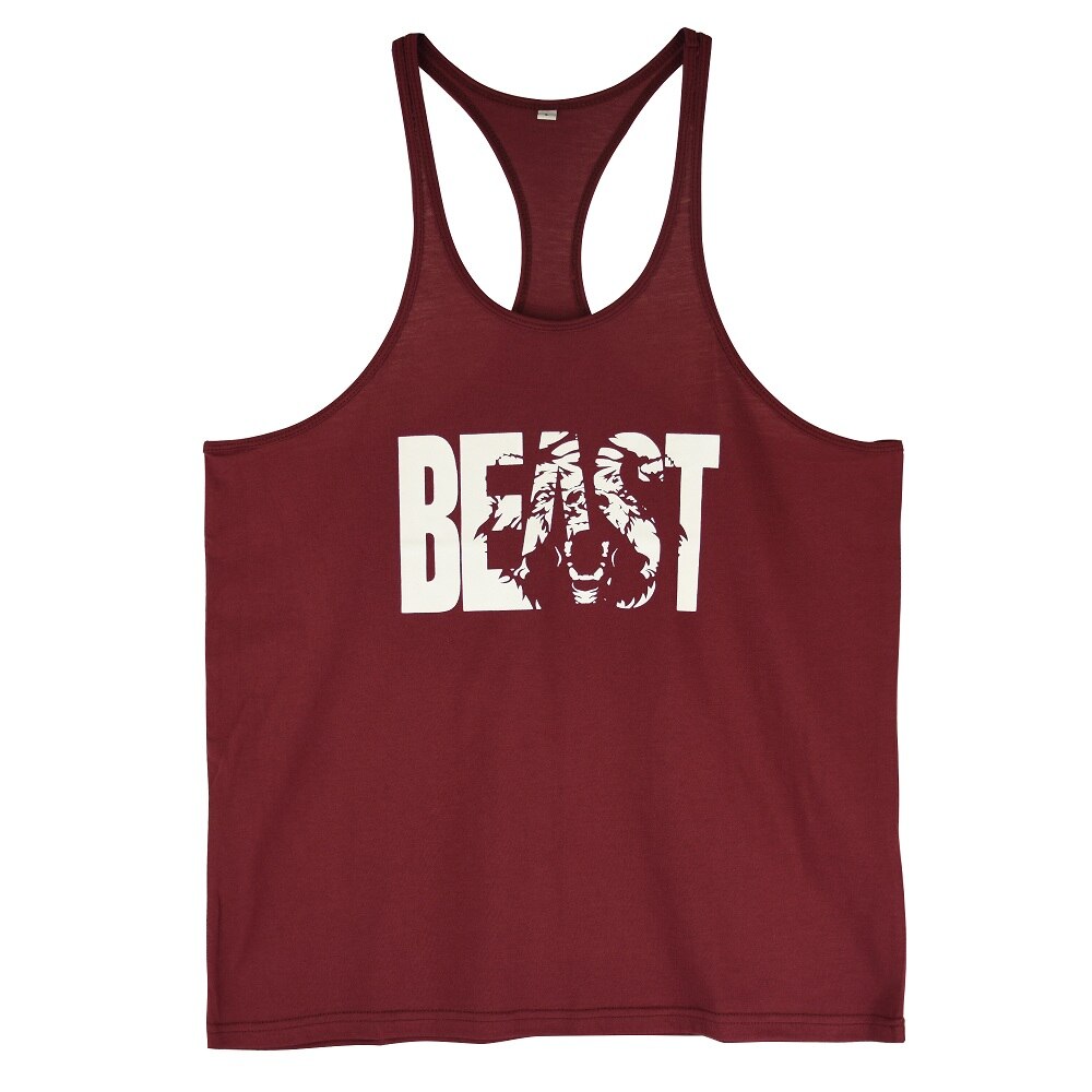 Men's Gym Workout Printed "BEAST" Tank Tops  Y Back Fitness Thin Shoulder Strap Muscle Fit Stringer Bodybuilding Extreme Tee