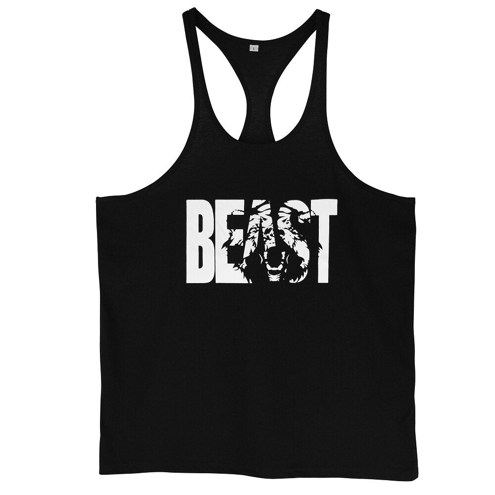 Men's Gym Workout Printed "BEAST" Tank Tops  Y Back Fitness Thin Shoulder Strap Muscle Fit Stringer Bodybuilding Extreme Tee