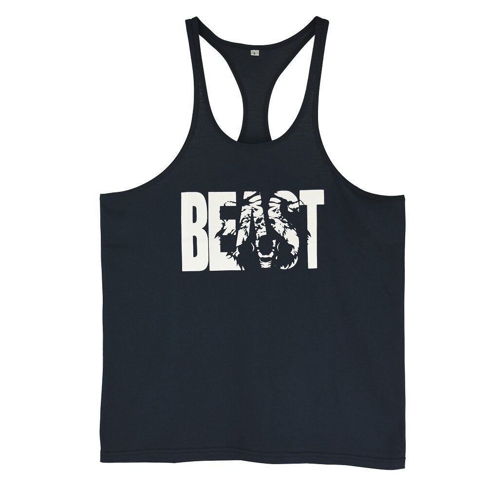 Men's Gym Workout Printed "BEAST" Tank Tops  Y Back Fitness Thin Shoulder Strap Muscle Fit Stringer Bodybuilding Extreme Tee